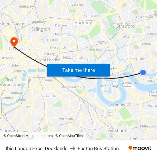 Ibis London Excel Docklands to Euston Bus Station map