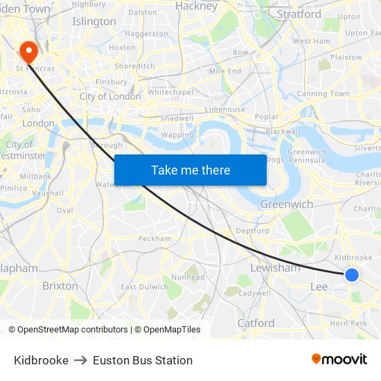 Kidbrooke to Euston Bus Station map