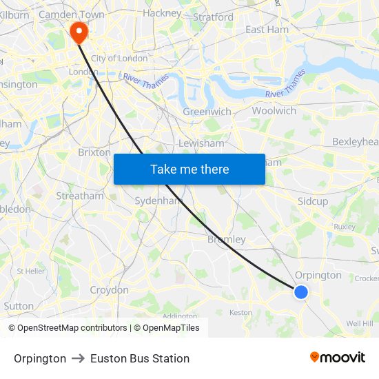 Orpington to Euston Bus Station map