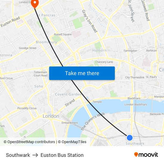 Southwark to Euston Bus Station map