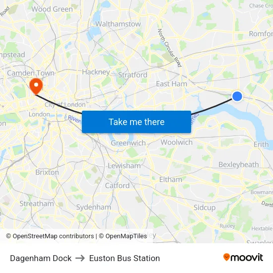 Dagenham Dock to Euston Bus Station map