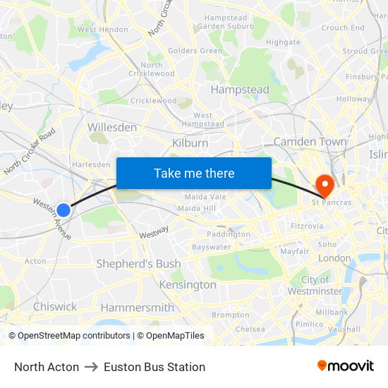 North Acton to Euston Bus Station map