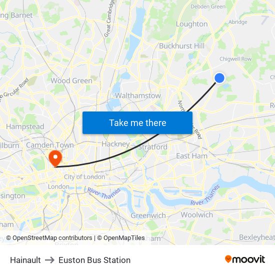 Hainault to Euston Bus Station map