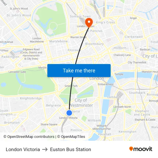 London Victoria to Euston Bus Station map