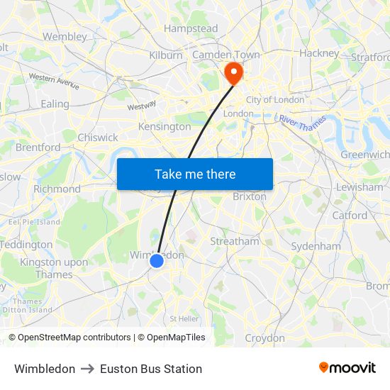 Wimbledon to Euston Bus Station map