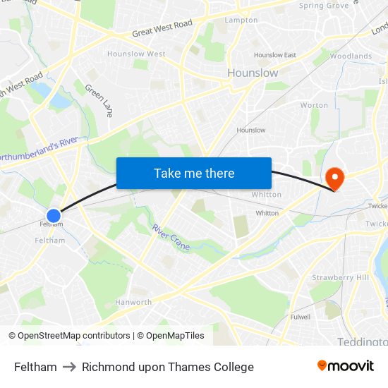 Feltham to Richmond upon Thames College map