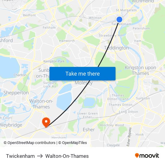 Twickenham to Walton-On-Thames map