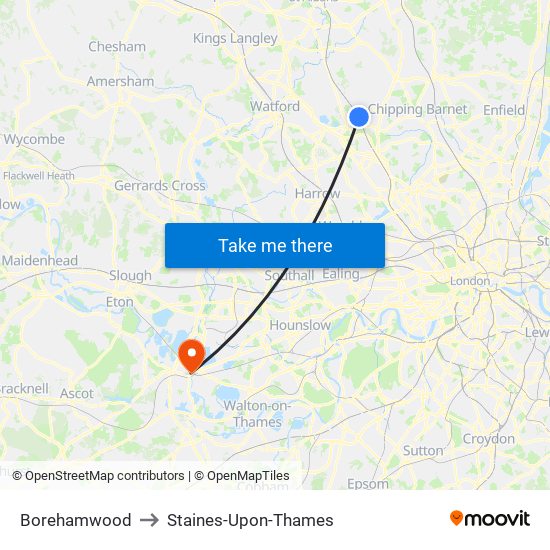 Borehamwood to Staines-Upon-Thames map