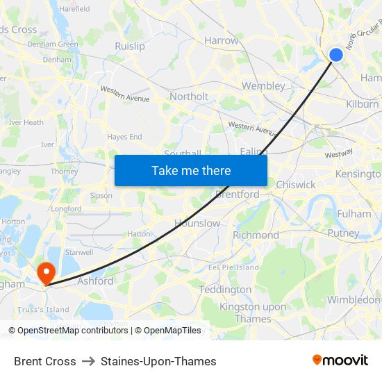 Brent Cross to Staines-Upon-Thames map