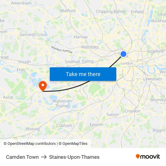 Camden Town to Staines-Upon-Thames map