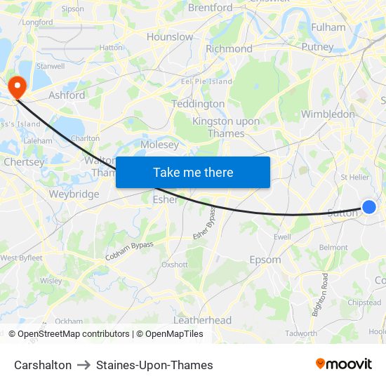 Carshalton to Staines-Upon-Thames map