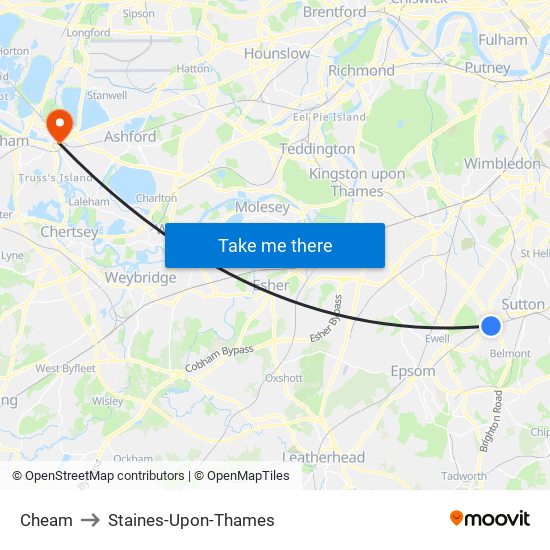 Cheam to Staines-Upon-Thames map