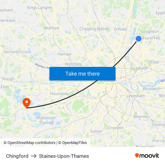 Chingford to Staines-Upon-Thames map