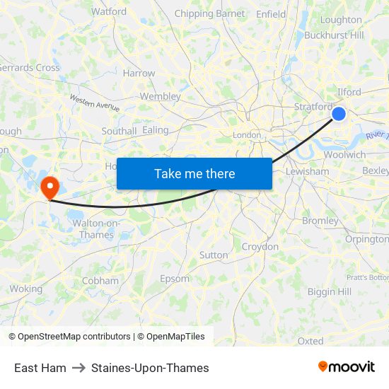 East Ham to Staines-Upon-Thames map