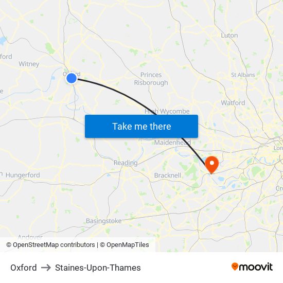 Oxford to Staines-Upon-Thames map