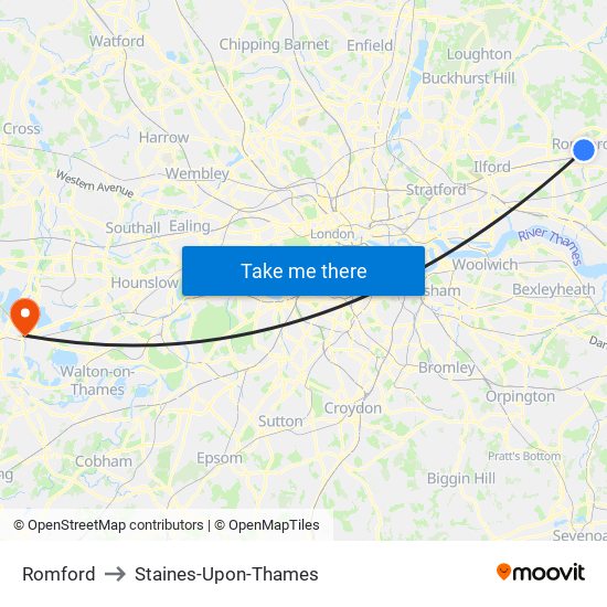 Romford to Staines-Upon-Thames map