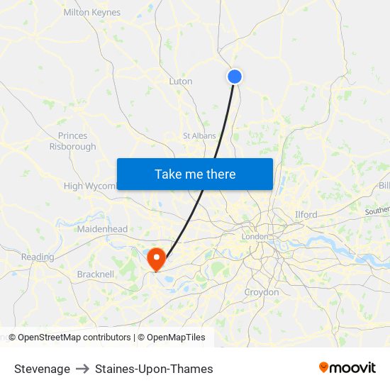 Stevenage to Staines-Upon-Thames map