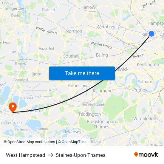 West Hampstead to Staines-Upon-Thames map