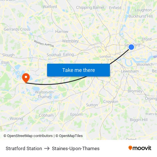 Stratford Station to Staines-Upon-Thames map