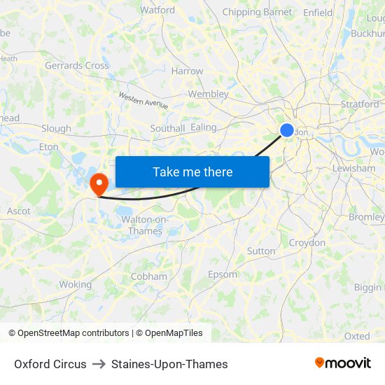 Oxford Circus to Staines-Upon-Thames map