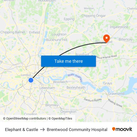 Elephant & Castle to Brentwood Community Hospital map