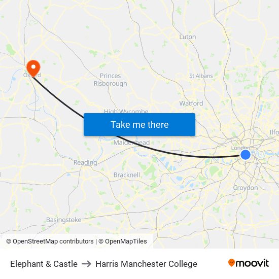 Elephant & Castle to Harris Manchester College map