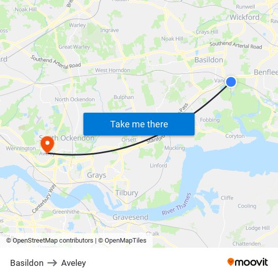 Basildon to Aveley map