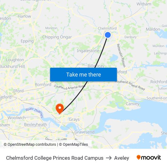Chelmsford College Princes Road Campus to Aveley map