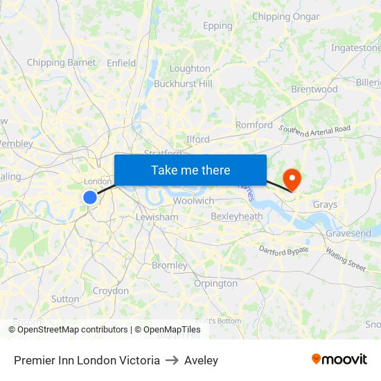 Premier Inn London Victoria to Aveley map