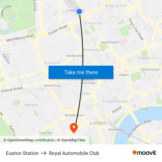 Euston Station to Royal Automobile Club map