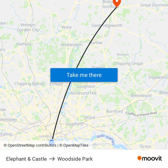 Elephant & Castle to Woodside Park map