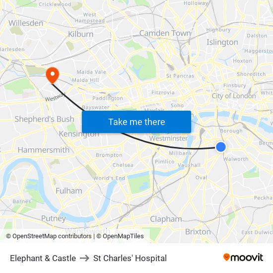 Elephant & Castle to St Charles' Hospital map