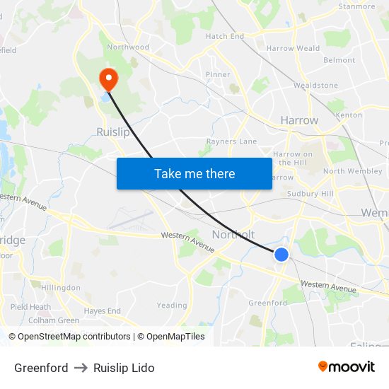 Greenford to Ruislip Lido map