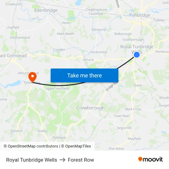 Royal Tunbridge Wells to Forest Row map