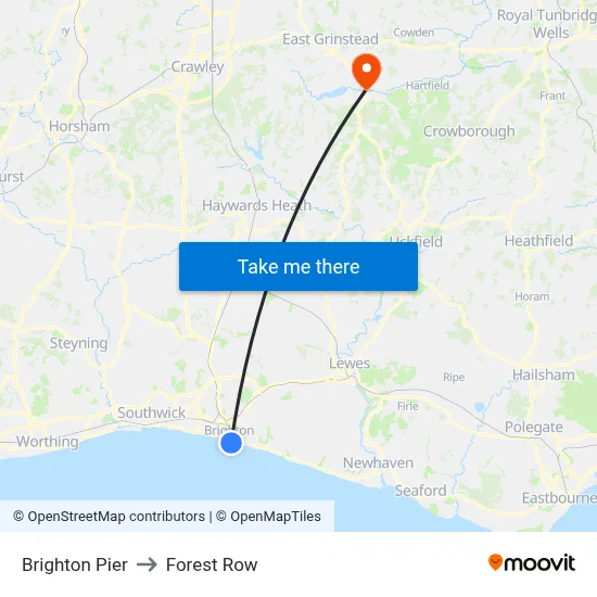 Brighton Pier to Forest Row map