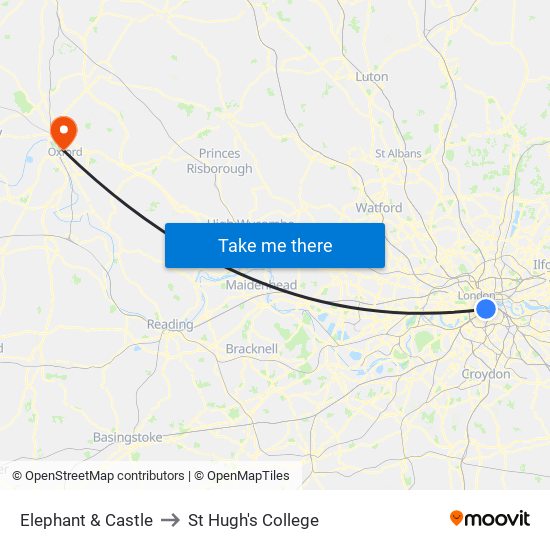 Elephant & Castle to St Hugh's College map