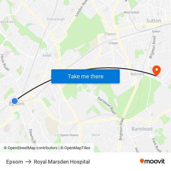 Epsom to Royal Marsden Hospital map