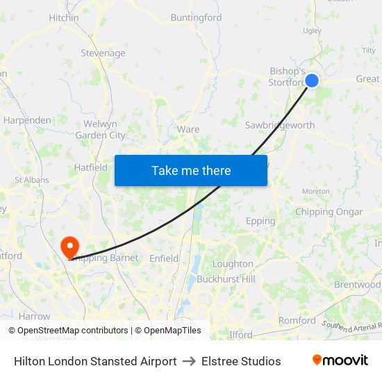 Hilton London Stansted Airport to Elstree Studios map