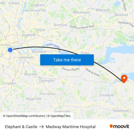 Elephant & Castle to Medway Maritime Hospital map