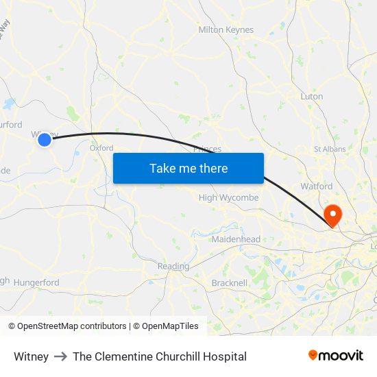 Witney to The Clementine Churchill Hospital map