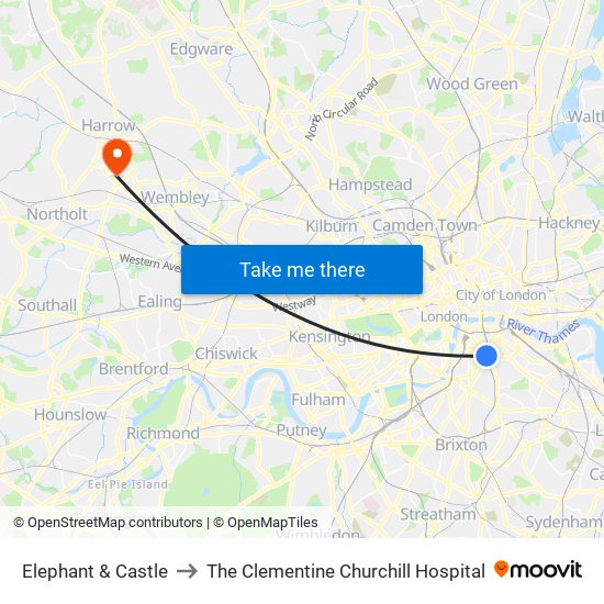Elephant & Castle to The Clementine Churchill Hospital map