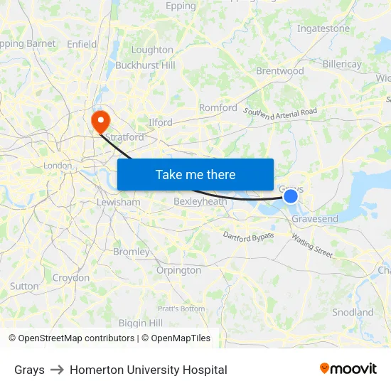 Grays to Homerton University Hospital map