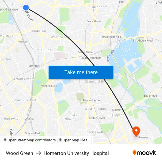 Wood Green to Homerton University Hospital map