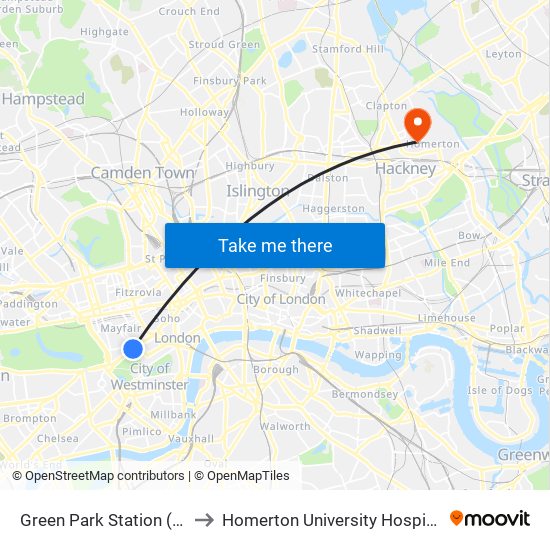 Green Park Station (H) to Homerton University Hospital map