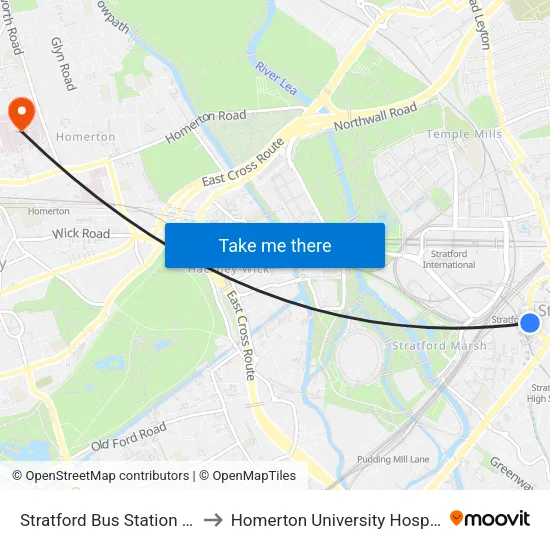 Stratford Bus Station (D) to Homerton University Hospital map