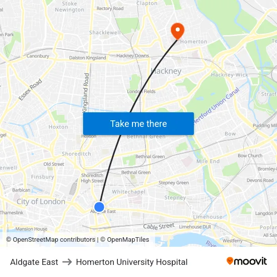 Aldgate East to Homerton University Hospital map