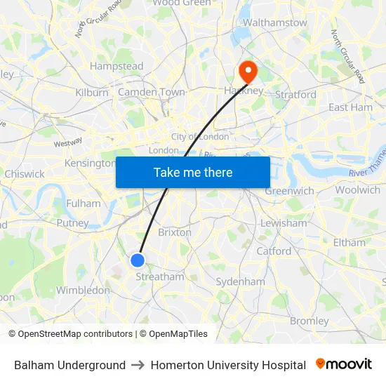 Balham Underground to Homerton University Hospital map