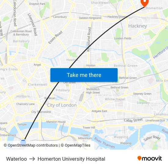 Waterloo to Homerton University Hospital map