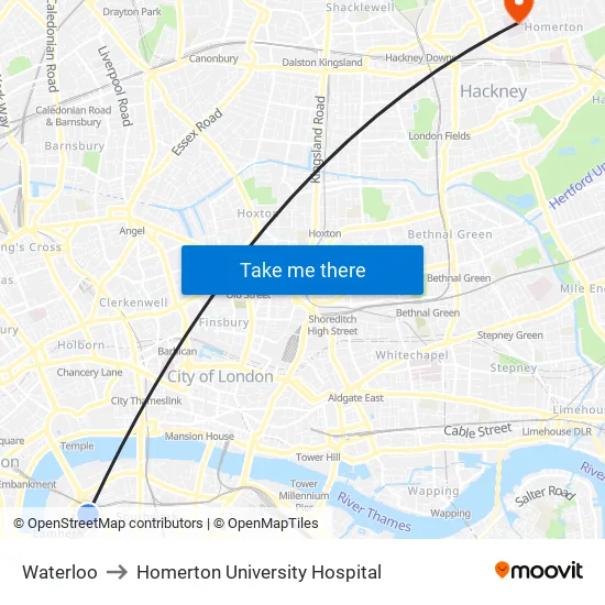 Waterloo to Homerton University Hospital map