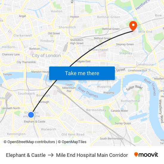 Elephant & Castle to Mile End Hospital Main Corridor map